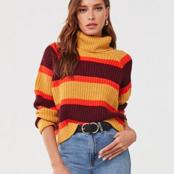 Sweaters - Striped Raglan Turtleneck Chunky Knit Crop Sweater